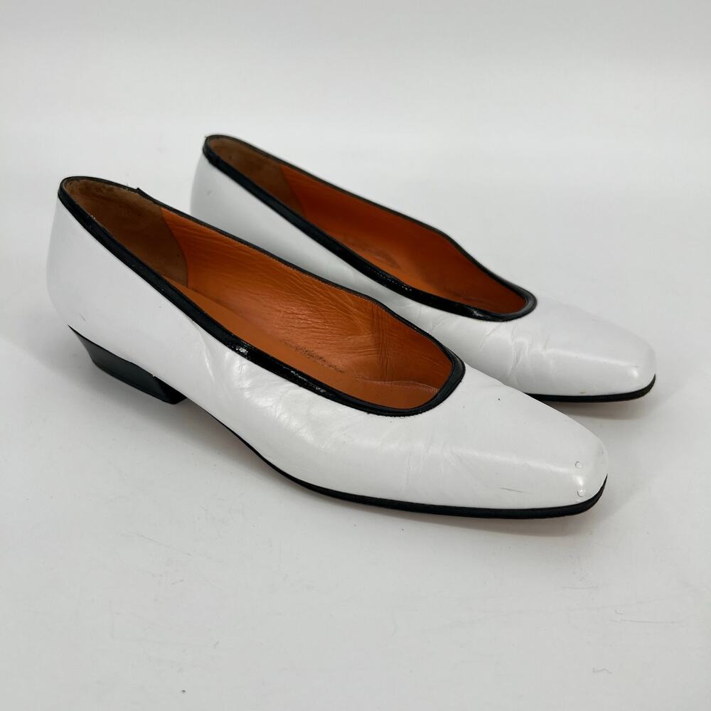 Vtg 80s Ellen Tracy Low Heel Pump Womens 6M White Black Leather Italy Square Toe